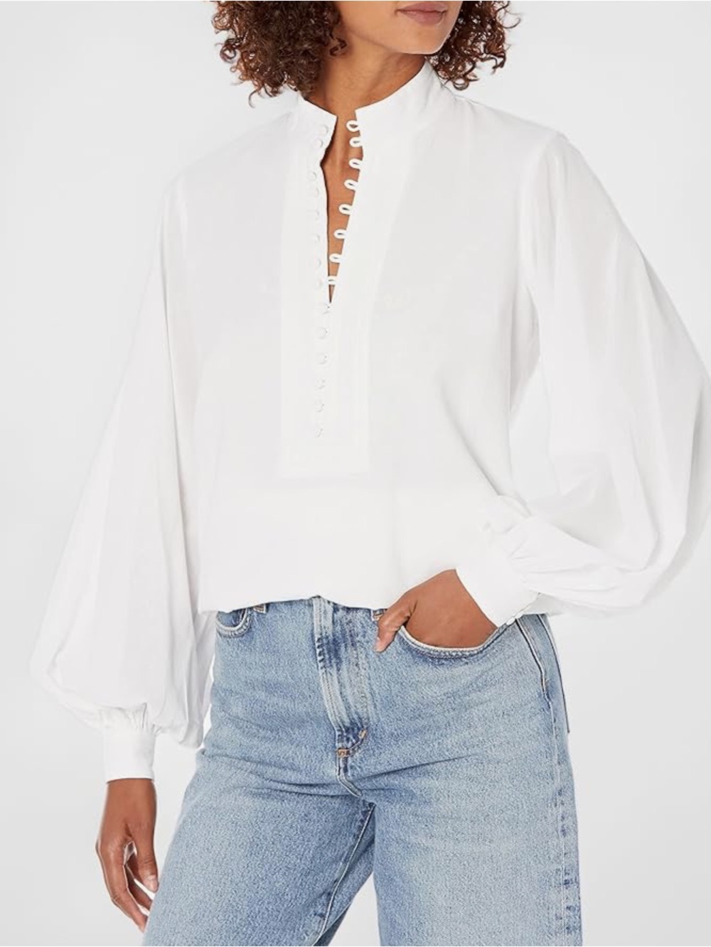 Trina Turk Bianca White Balloon-Sleeve Cotton Popover Tunic Blouse Medium